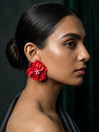 Red Hibiscus Statement Studs — Tropical Bloom Flower Earrings