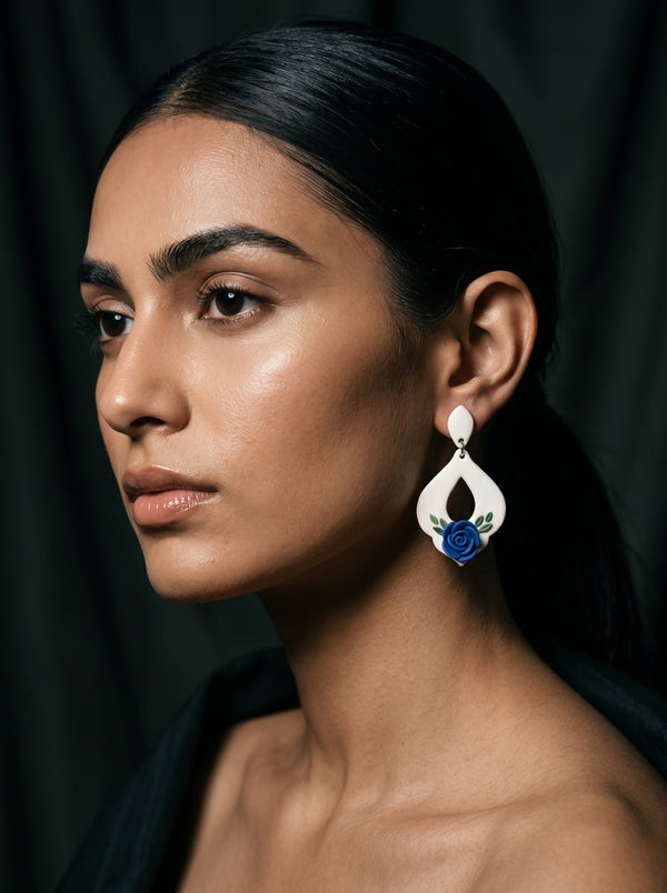 Blue Rose Teardrop Earrings — White Drop with Sculpted Rose