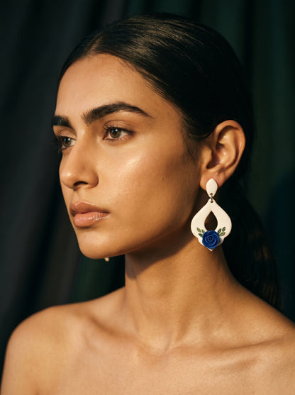 Blue Rose Teardrop Earrings — White Drop with Sculpted Rose