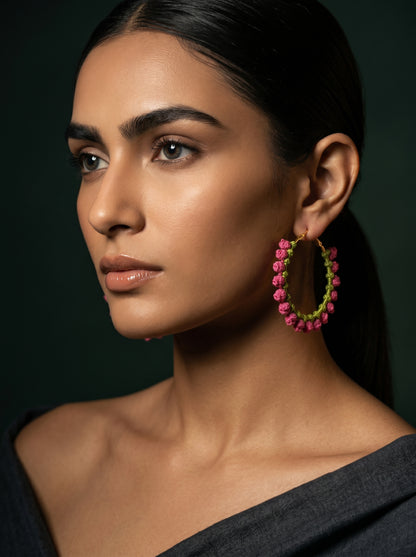 Pink Blossom Crochet Hoops — Hot Pink & Lime Floral Earrings