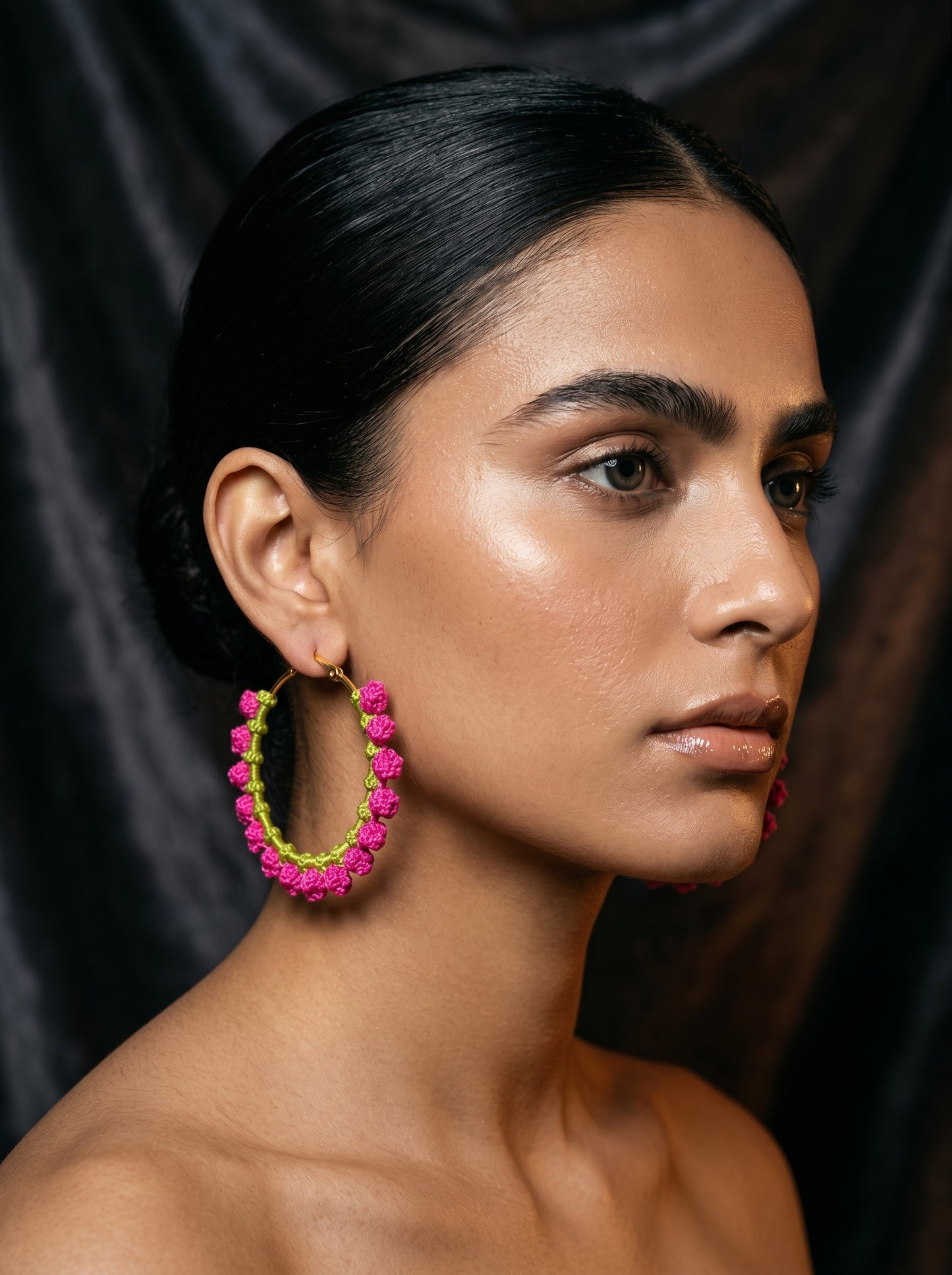 Pink Blossom Crochet Hoops — Hot Pink & Lime Floral Earrings