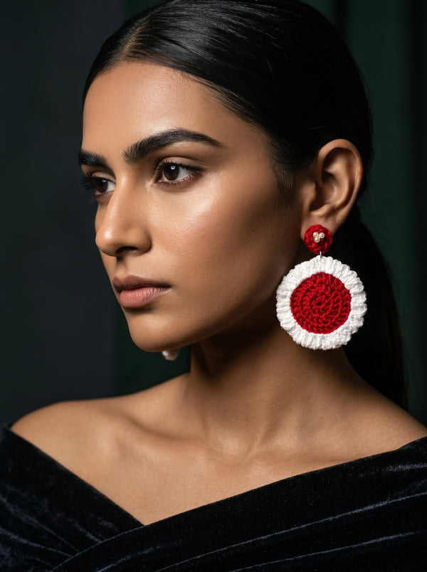 Festive Red Crochet Statement Earrings — Pearl Detail