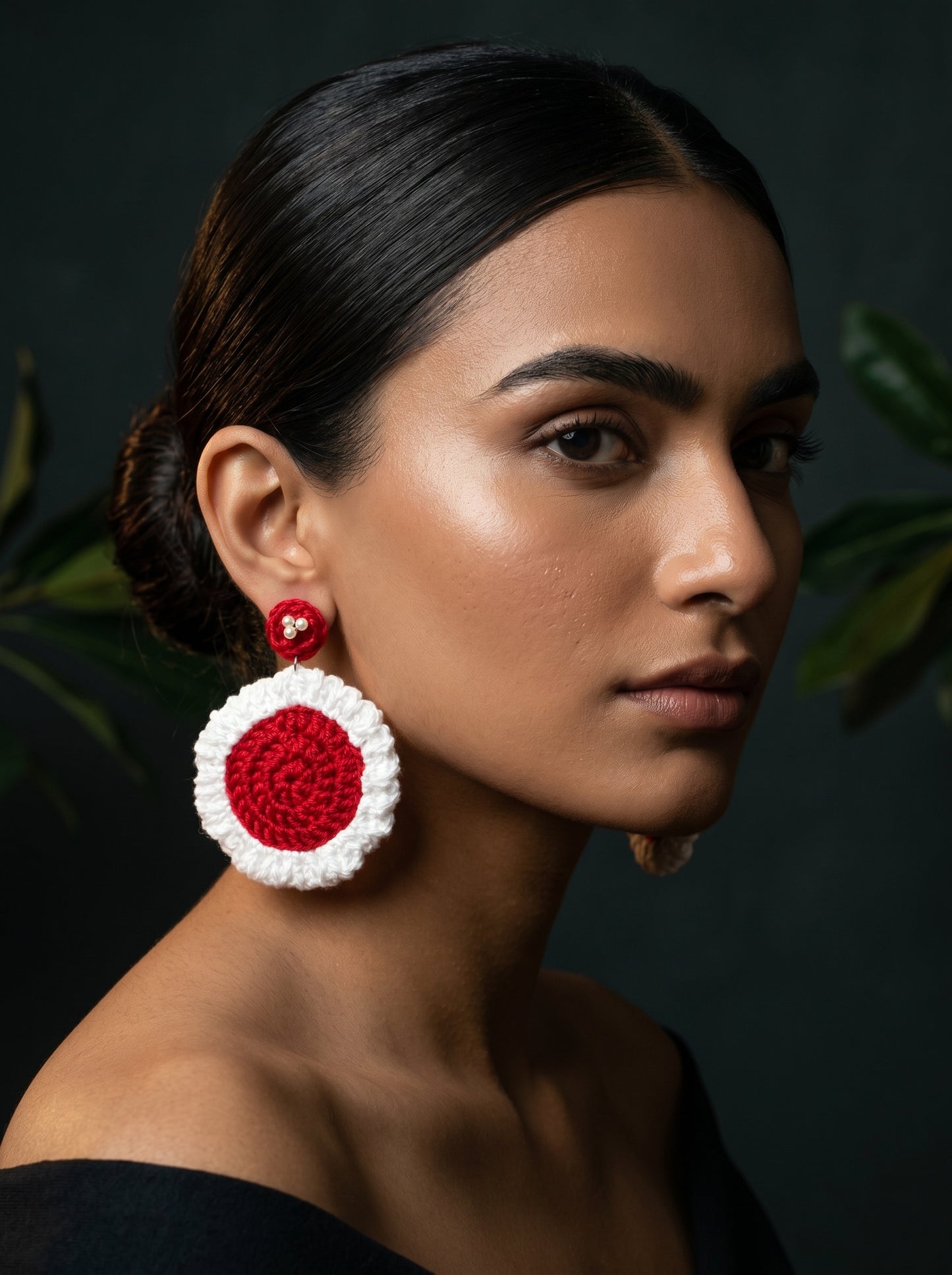 Festive Red Crochet Statement Earrings — Pearl Detail