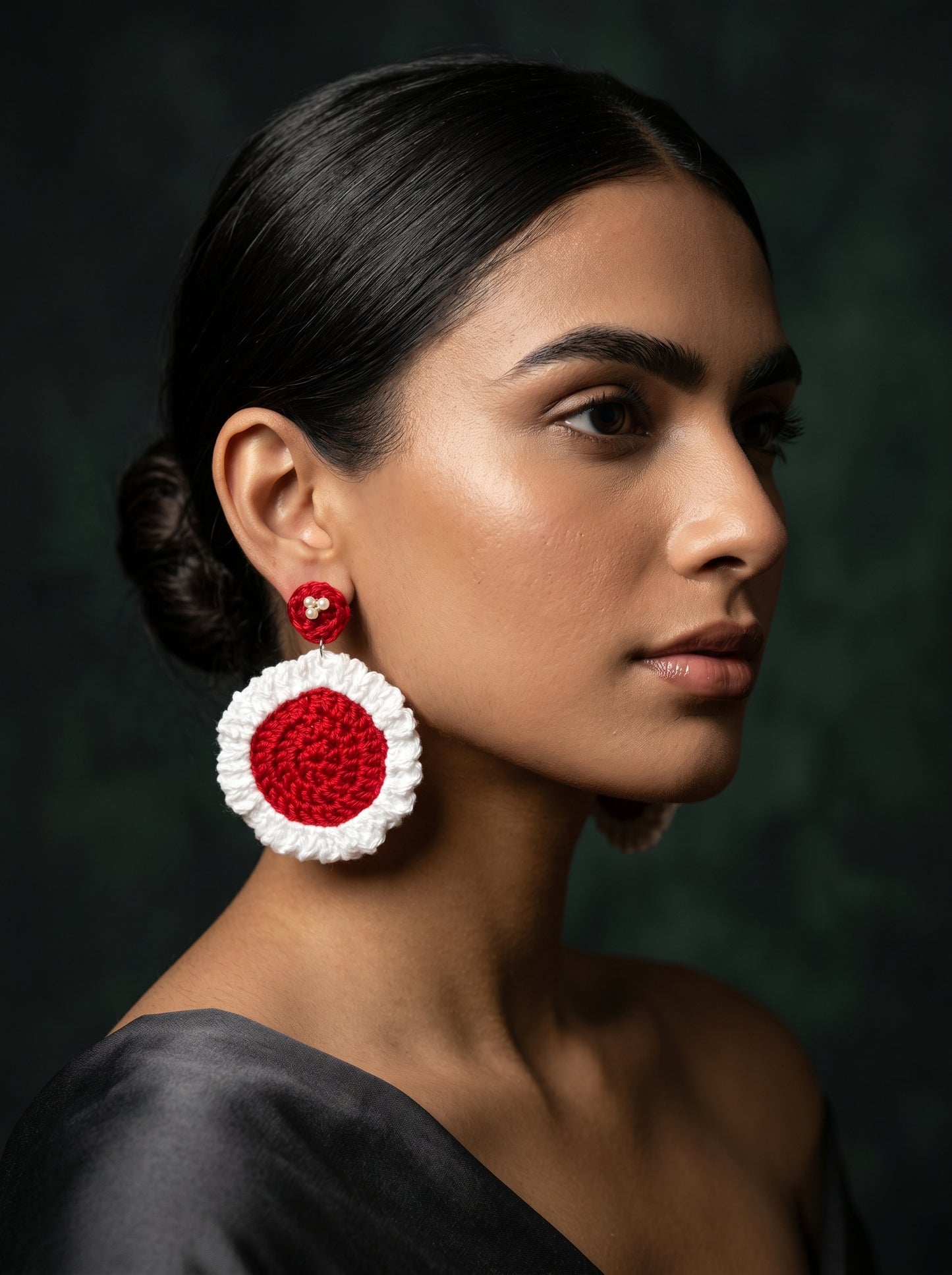 Festive Red Crochet Statement Earrings — Pearl Detail