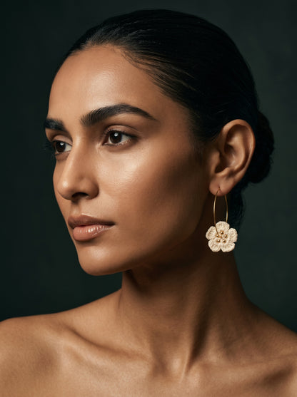Ivory Bloom Crochet Hoops — Handmade Flower & Gold Bead Earrings
