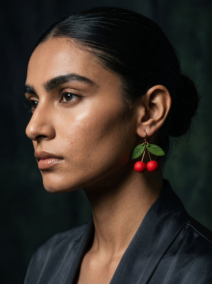 Cherry Drop Earrings — Handcrafted Clay Cherries on Gold Huggies