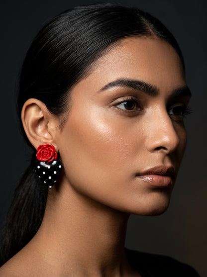 Rosa Heart Statement Studs — Red Rose & Black Polka Dot