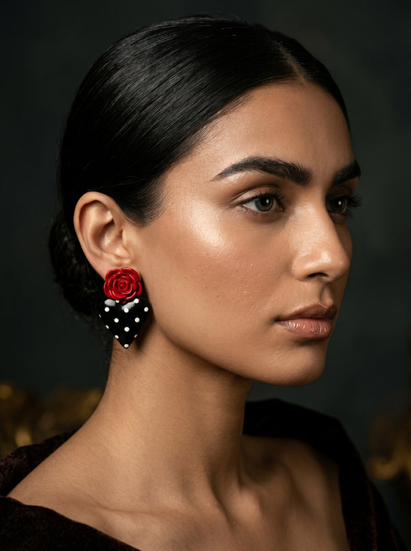 Rosa Heart Statement Studs — Red Rose & Black Polka Dot