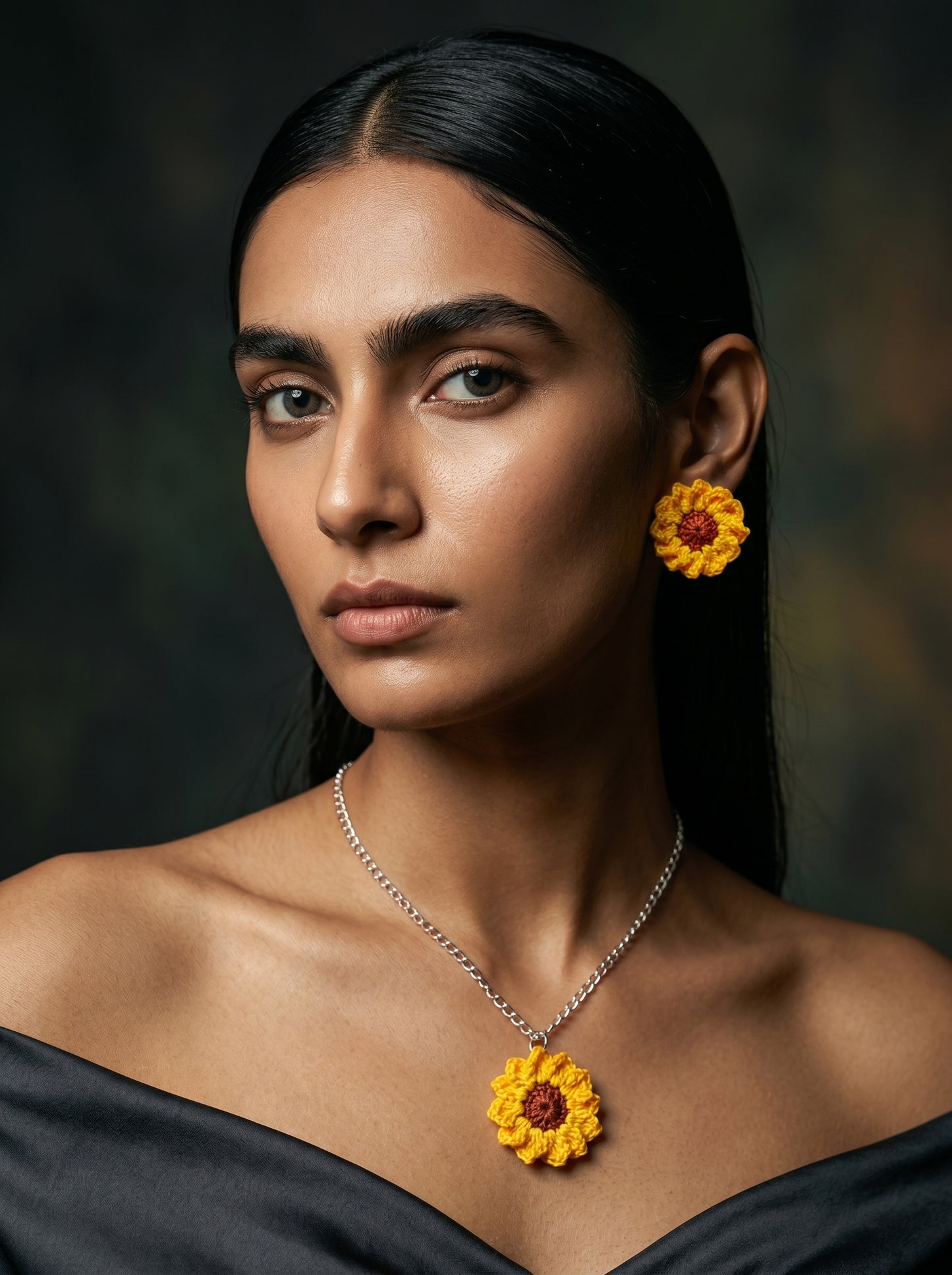 Sunflower Crochet Jewellery Set — Handmade Necklace & Earrings