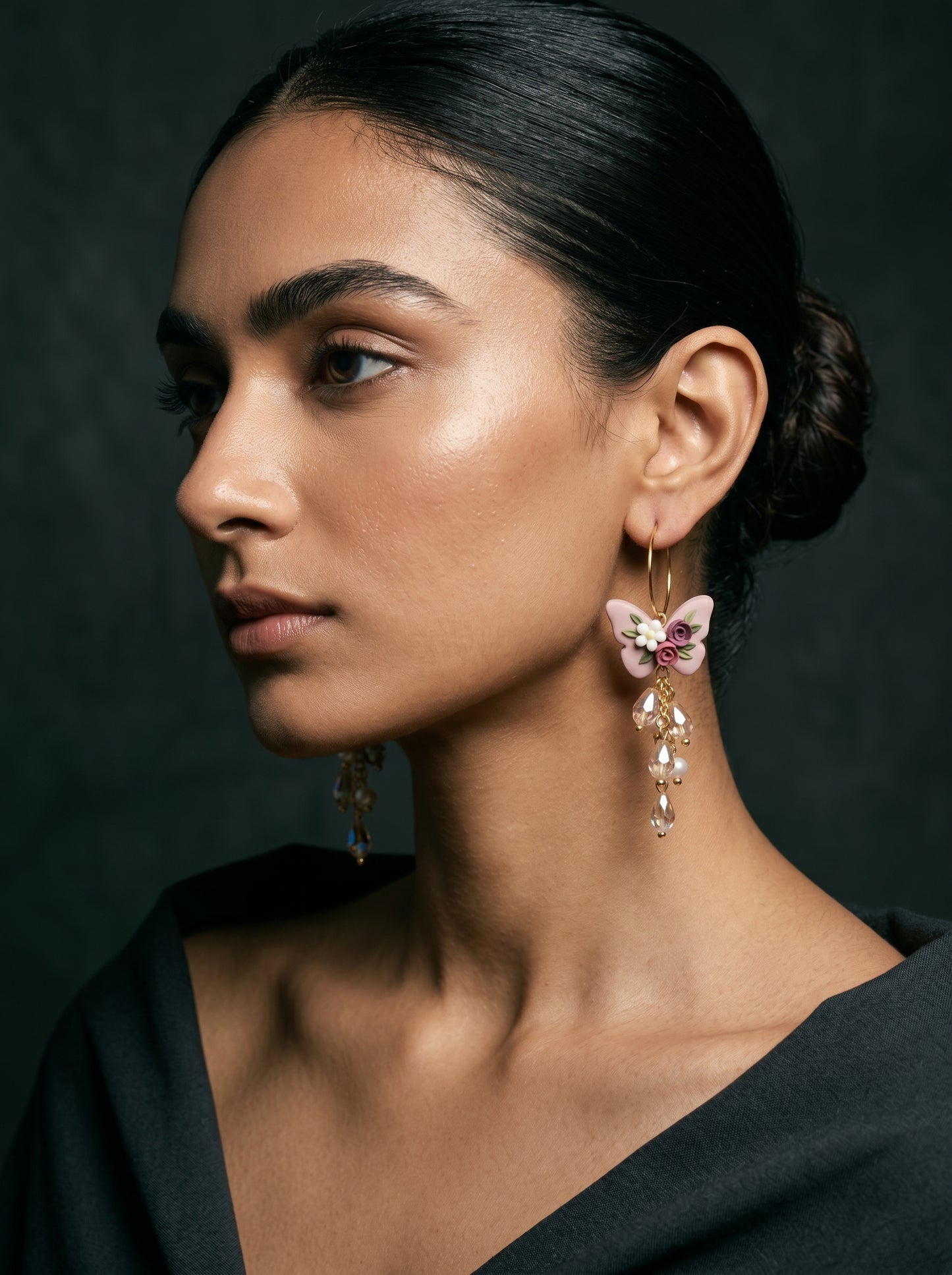 Mauve Butterfly Floral Dangle Earrings — Crystal & Pearl Drop