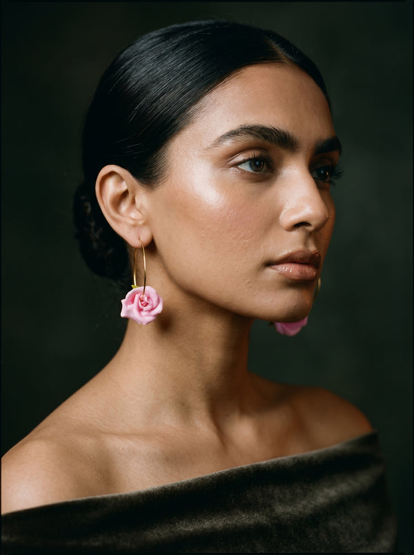 Blush Rose Hoop Earrings — Handcrafted Clay Roses on Gold Hoops