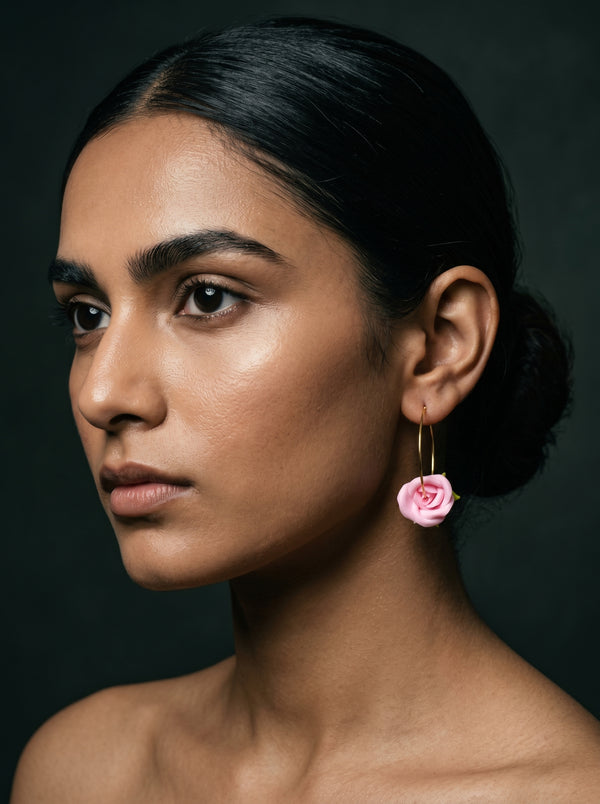 Blush Rose Hoop Earrings — Handcrafted Clay Roses on Gold Hoops