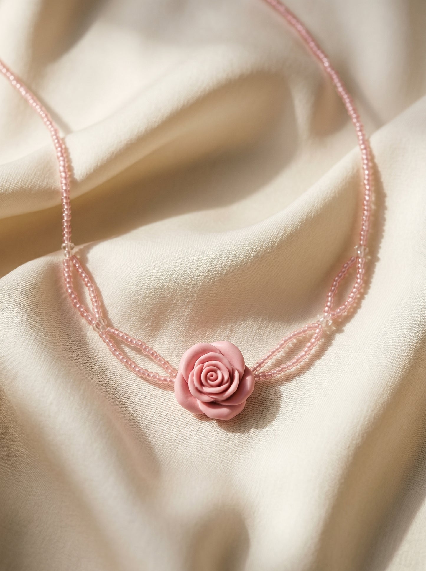 Pink Rose Beaded Choker — Sculpted Rose on Blush Bead Strands