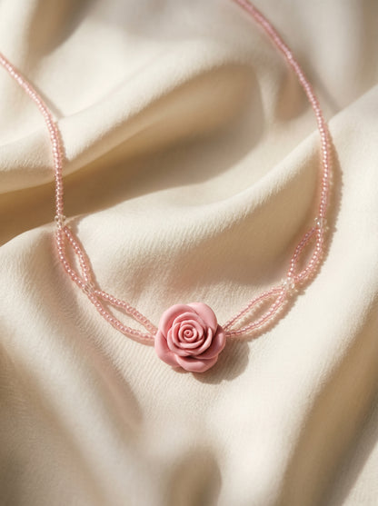 Pink Rose Beaded Choker — Sculpted Rose on Blush Bead Strands