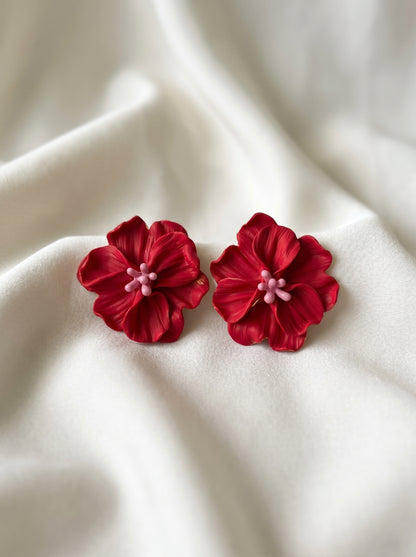 Red Hibiscus Statement Studs — Tropical Bloom Flower Earrings