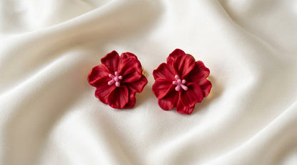 Red Hibiscus Statement Studs — Tropical Bloom Flower Earrings