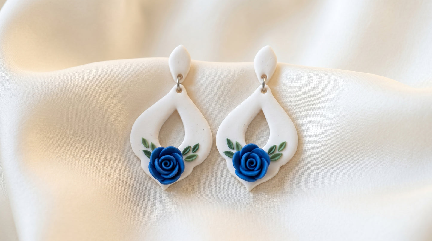 Blue Rose Teardrop Earrings — White Drop with Sculpted Rose