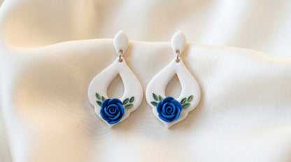 Blue Rose Teardrop Earrings — White Drop with Sculpted Rose