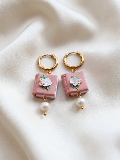 Rosé Book & Pearl Earrings — Floral Clay Book with Pearl Drop