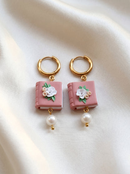 Rosé Book & Pearl Earrings — Floral Clay Book with Pearl Drop