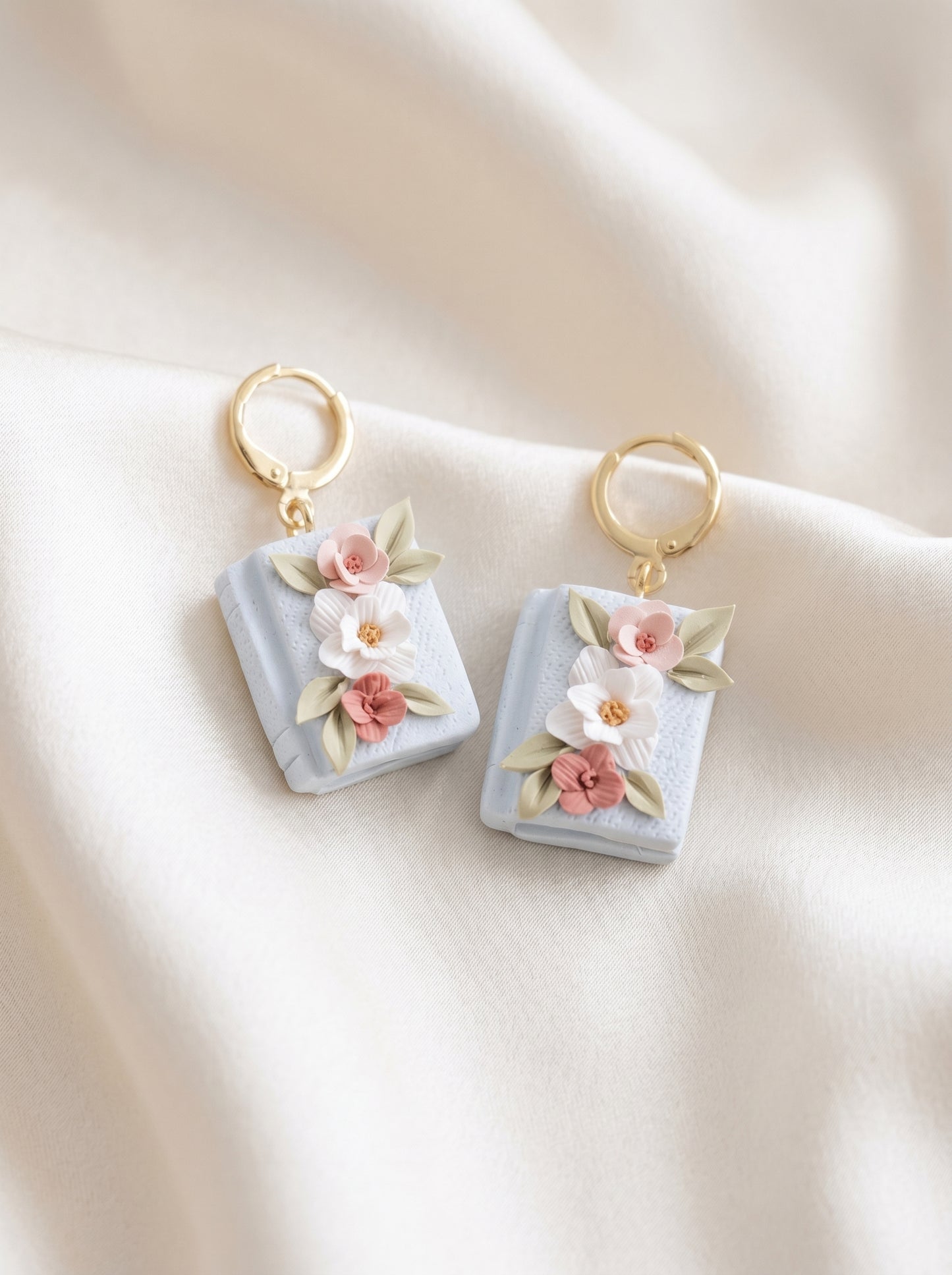Floral Book Charm Earrings — Pastel Blue Clay Book Dangles