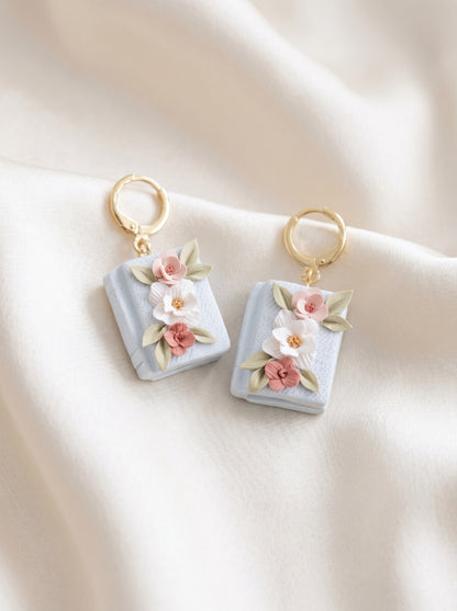 Floral Book Charm Earrings — Pastel Blue Clay Book Dangles