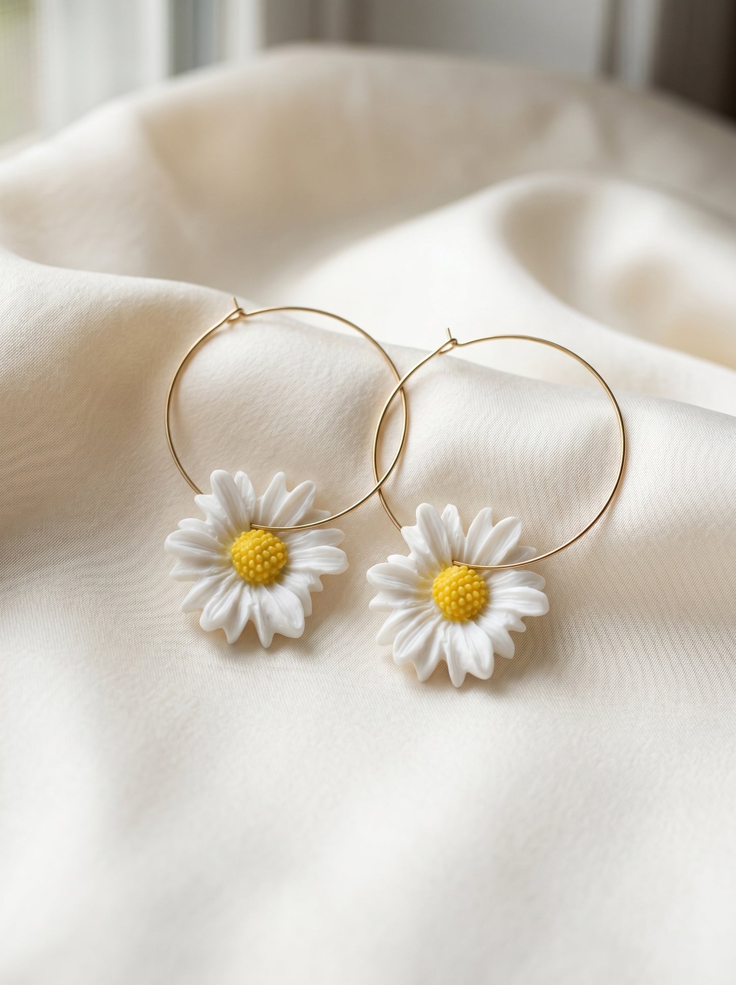 Daisy Hoop Statement Earrings — White Bloom on Gold Hoops