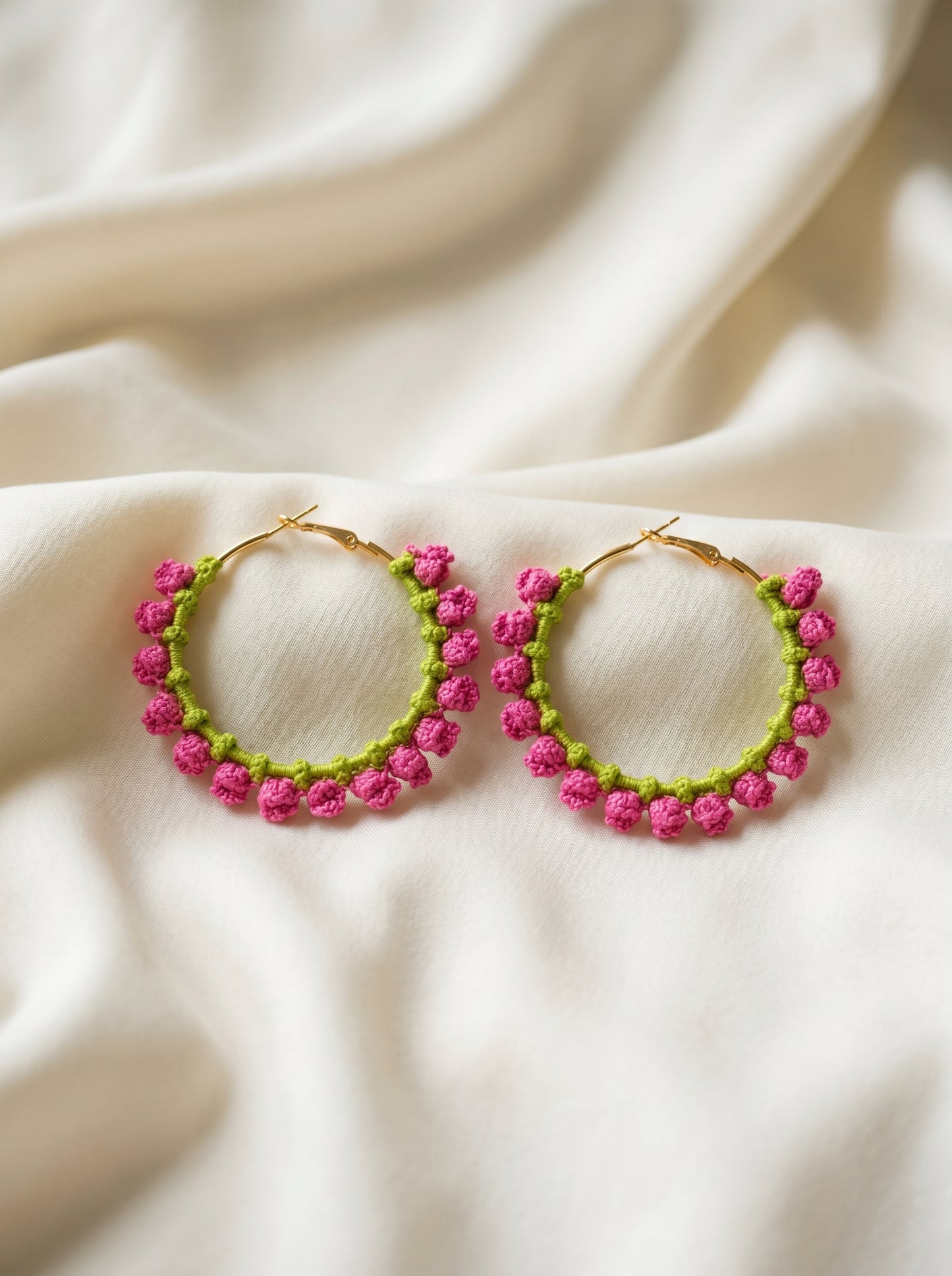 Pink Blossom Crochet Hoops — Hot Pink & Lime Floral Earrings