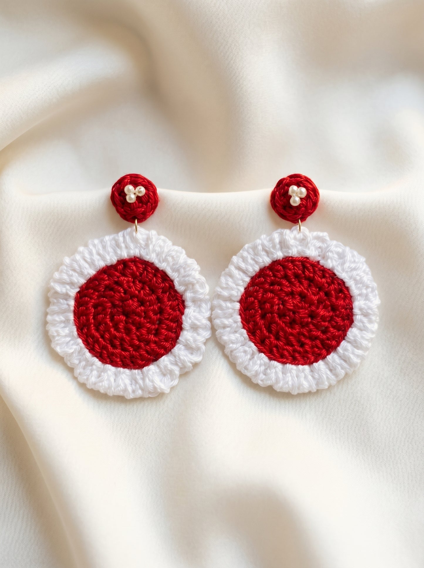 Festive Red Crochet Statement Earrings — Pearl Detail
