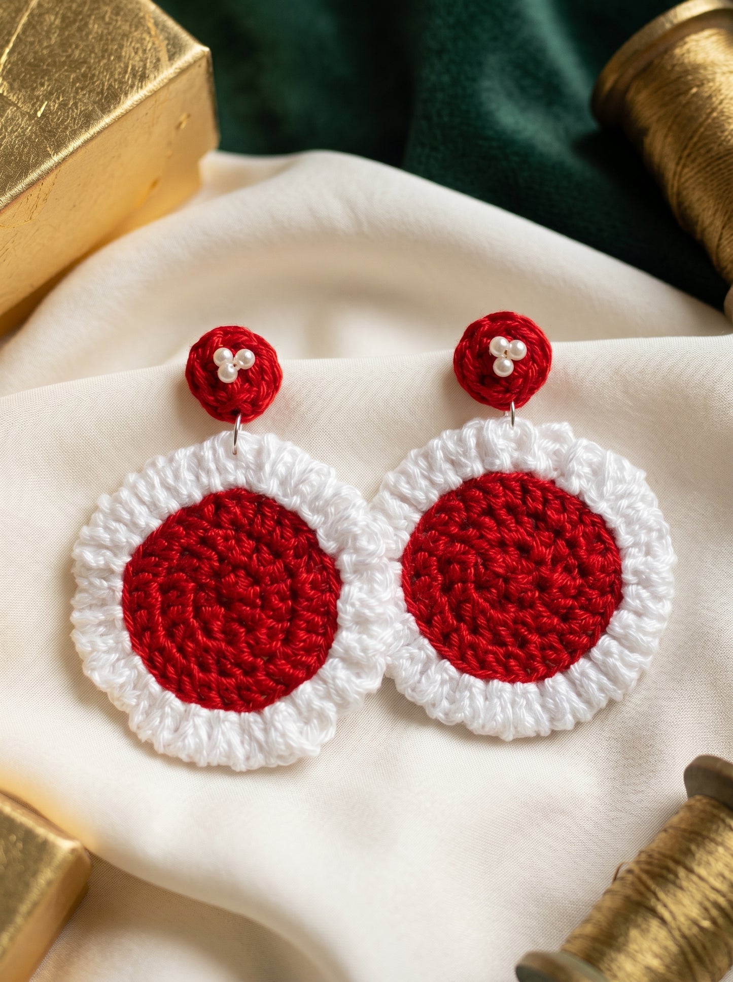Festive Red Crochet Statement Earrings — Pearl Detail