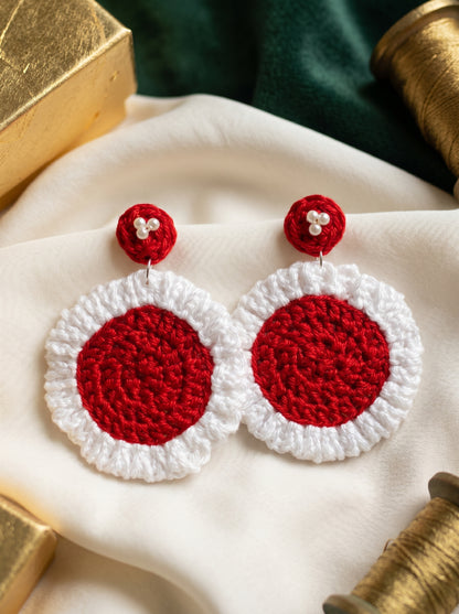 Festive Red Crochet Statement Earrings — Pearl Detail