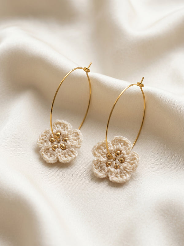 Ivory Bloom Crochet Hoops — Handmade Flower & Gold Bead Earrings