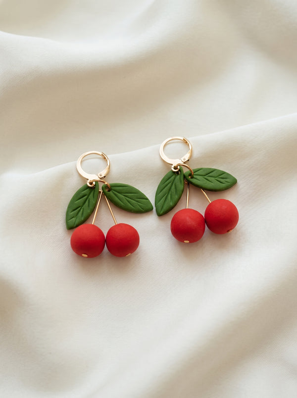 Cherry Drop Earrings — Handcrafted Clay Cherries on Gold Huggies