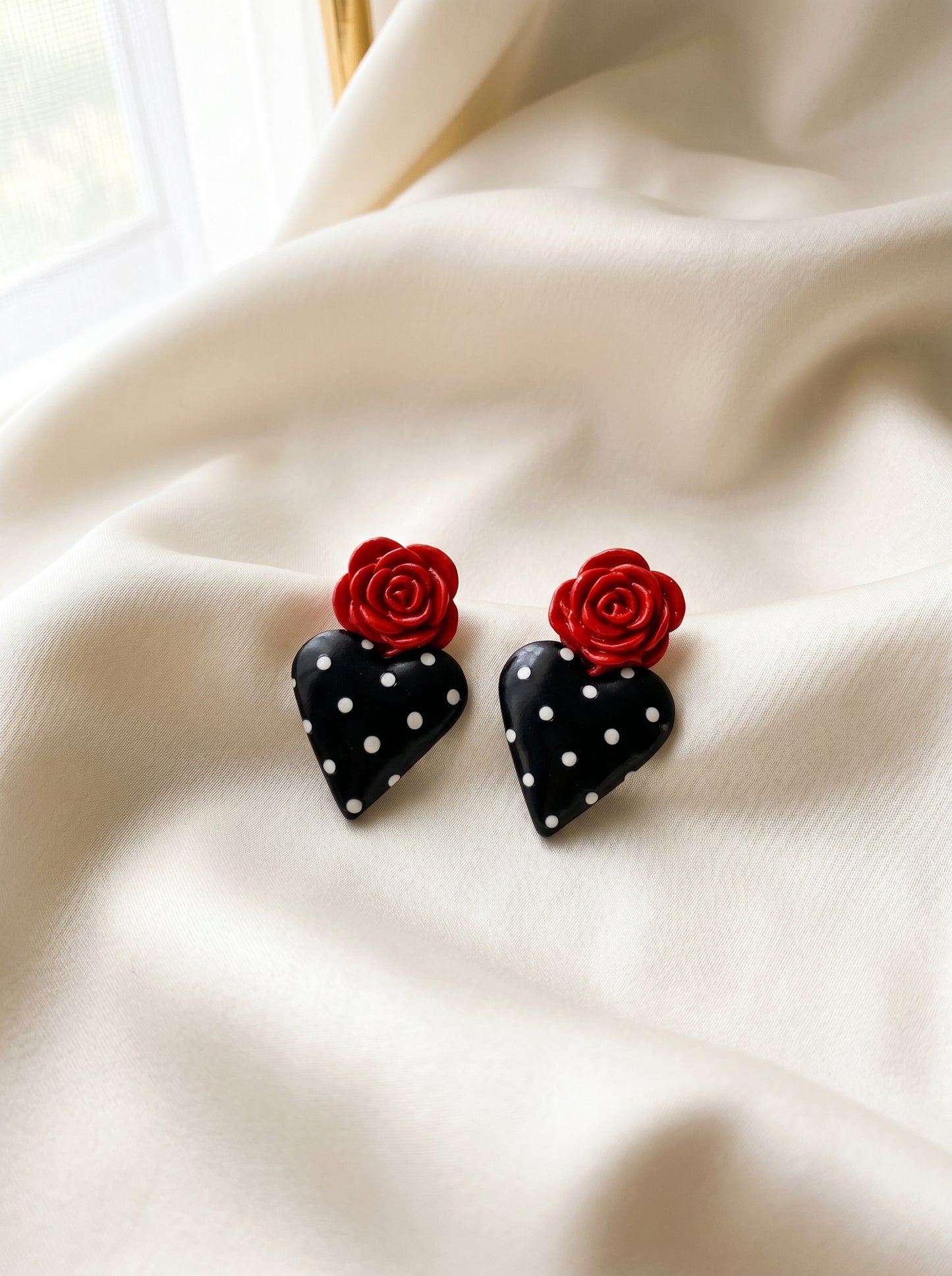 Rosa Heart Statement Studs — Red Rose & Black Polka Dot