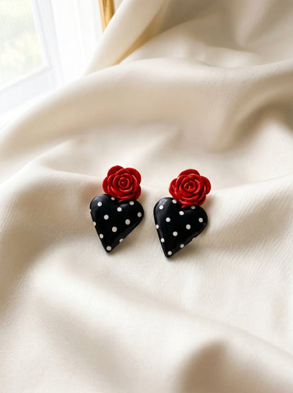 Rosa Heart Statement Studs — Red Rose & Black Polka Dot