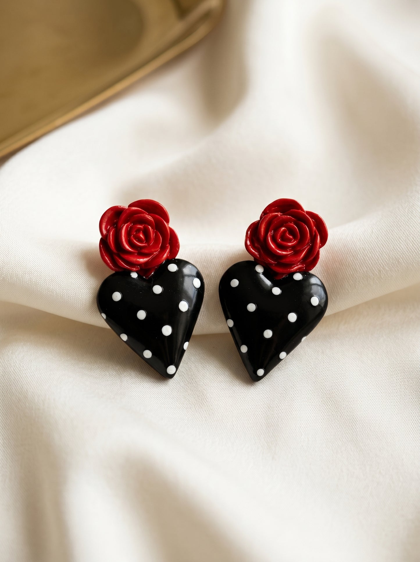 Rosa Heart Statement Studs — Red Rose & Black Polka Dot