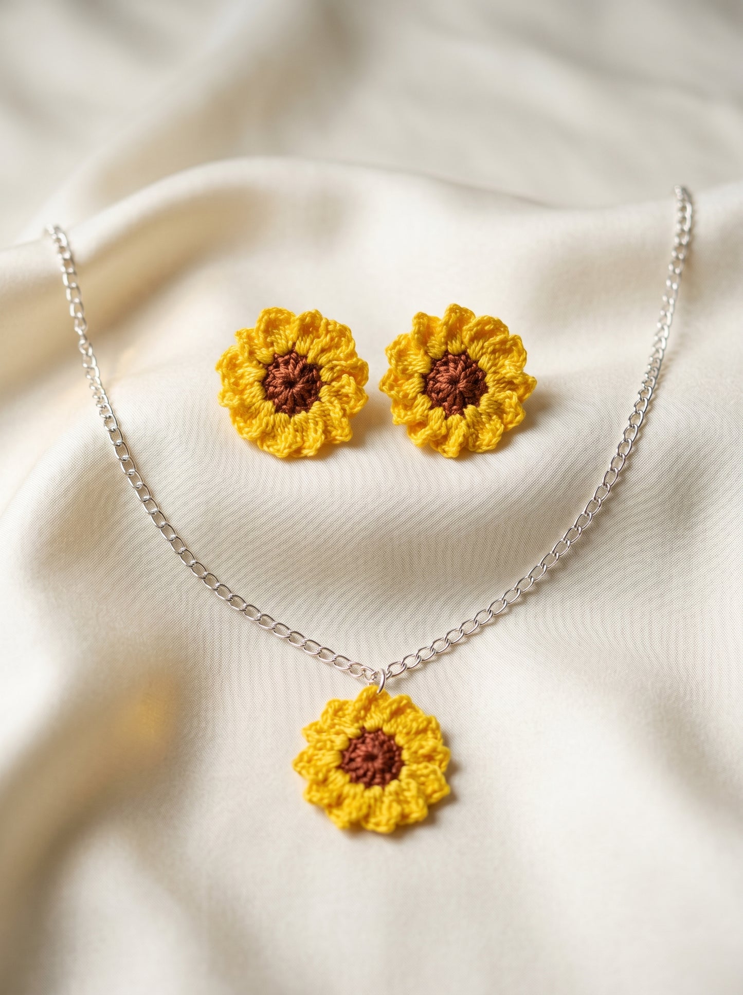 Sunflower Crochet Jewellery Set — Handmade Necklace & Earrings