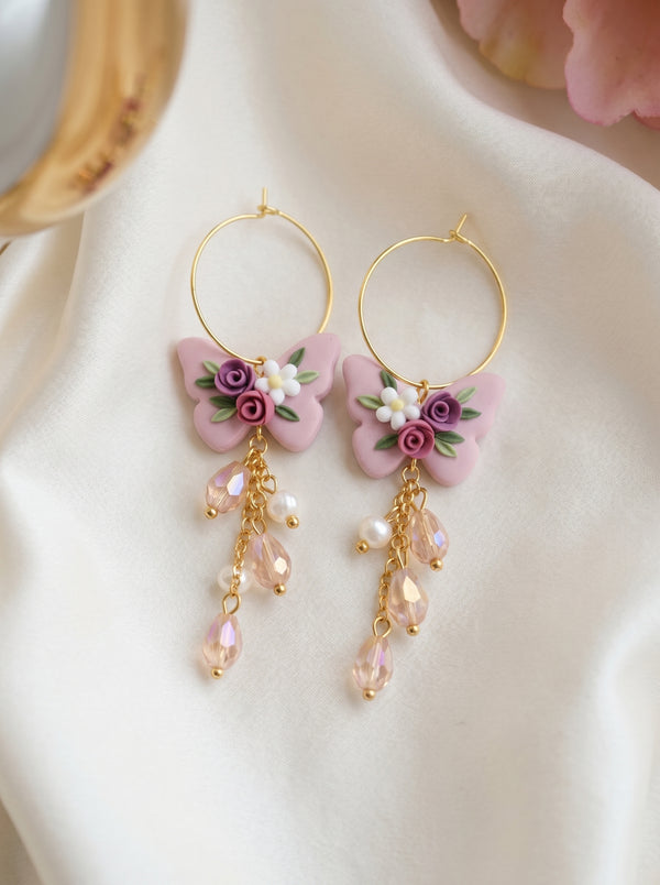 Mauve Butterfly Floral Dangle Earrings — Crystal & Pearl Drop
