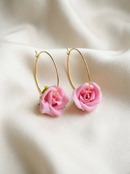 Blush Rose Hoop Earrings — Handcrafted Clay Roses on Gold Hoops