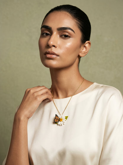 Monarch Daisy Pendant Necklace — Butterfly & Bloom on Gold Chain