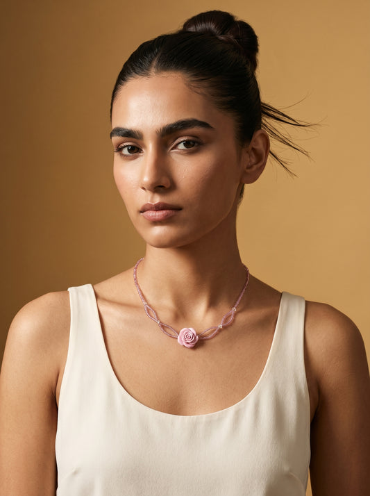 Pink Rose Beaded Choker — Sculpted Rose on Blush Bead Strands