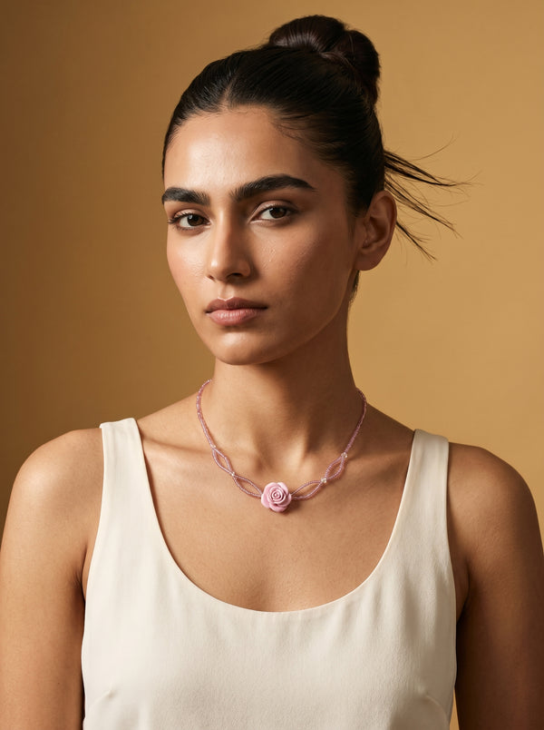 Pink Rose Beaded Choker — Sculpted Rose on Blush Bead Strands