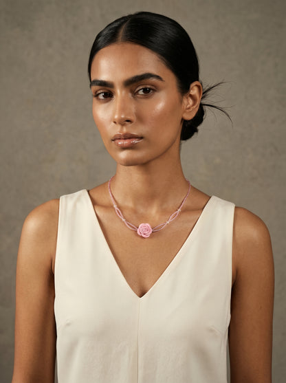 Pink Rose Beaded Choker — Sculpted Rose on Blush Bead Strands