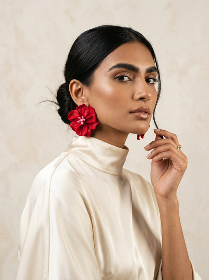 Red Hibiscus Statement Studs — Tropical Bloom Flower Earrings