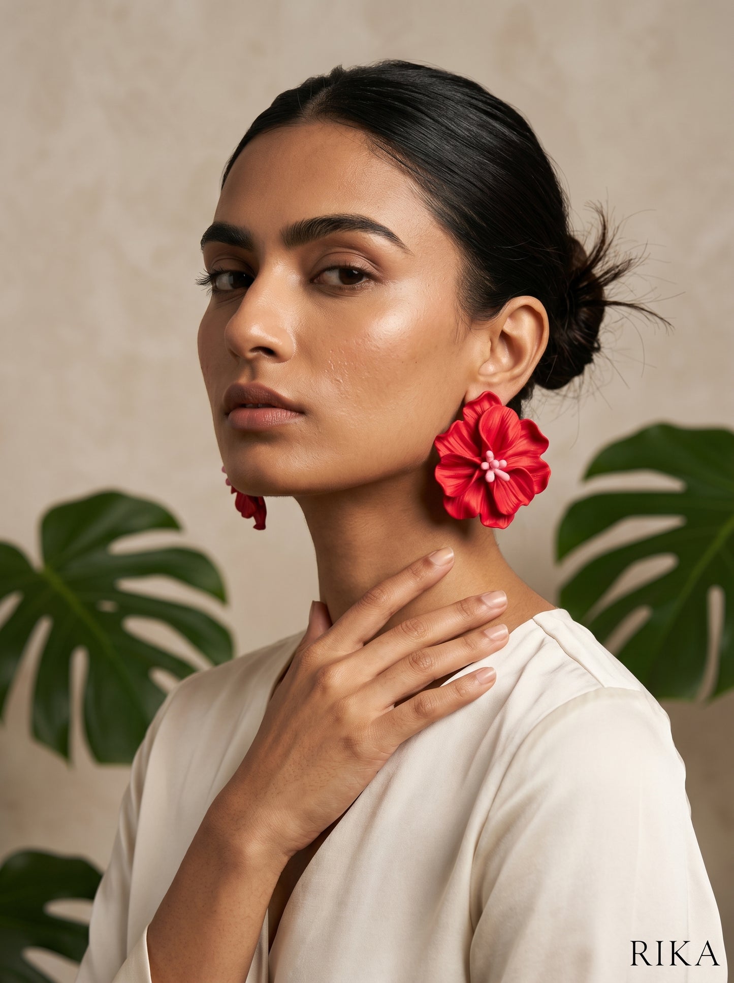Red Hibiscus Statement Studs — Tropical Bloom Flower Earrings