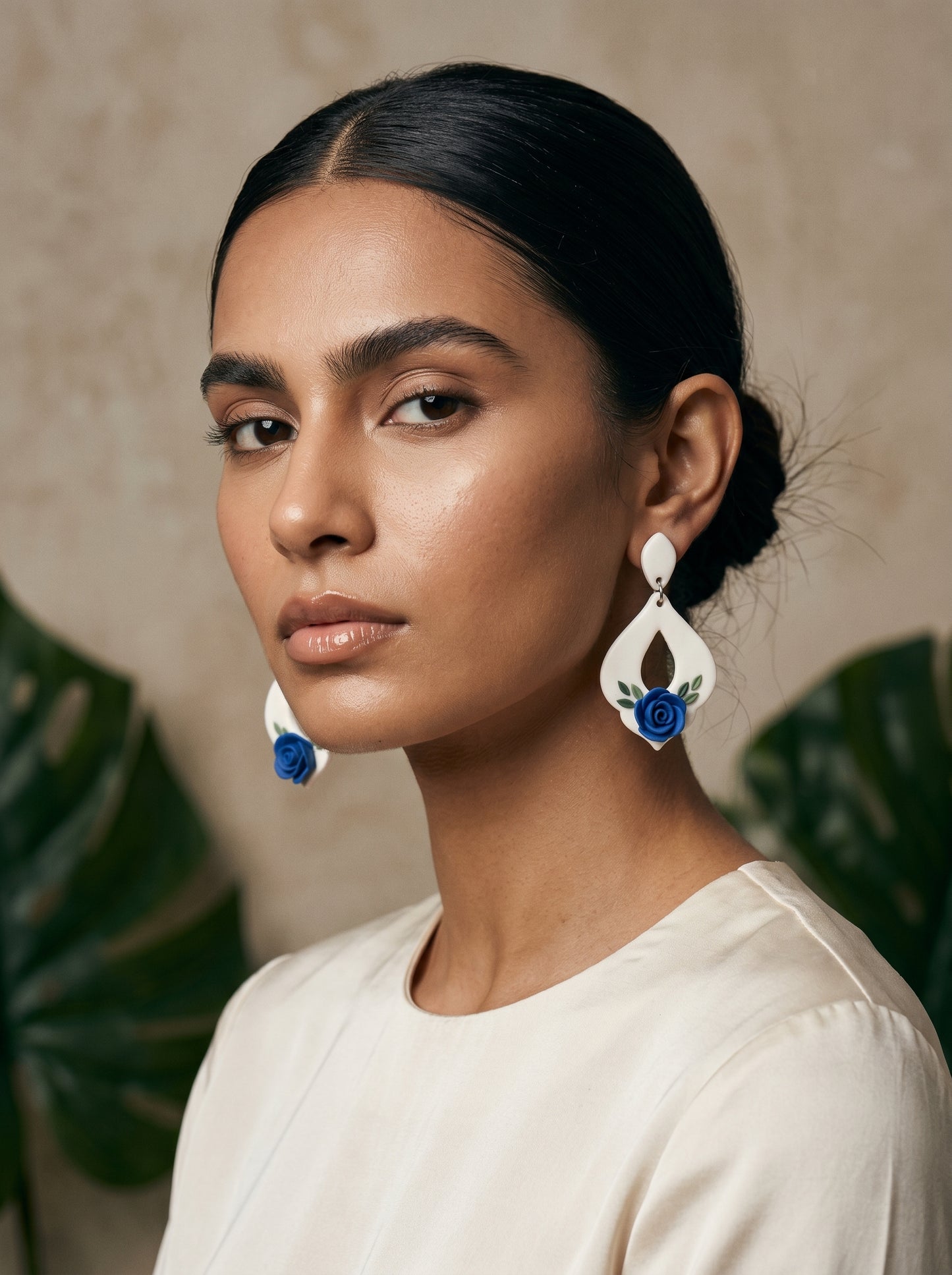 Blue Rose Teardrop Earrings — White Drop with Sculpted Rose