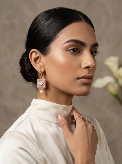 Rosé Book & Pearl Earrings — Floral Clay Book with Pearl Drop