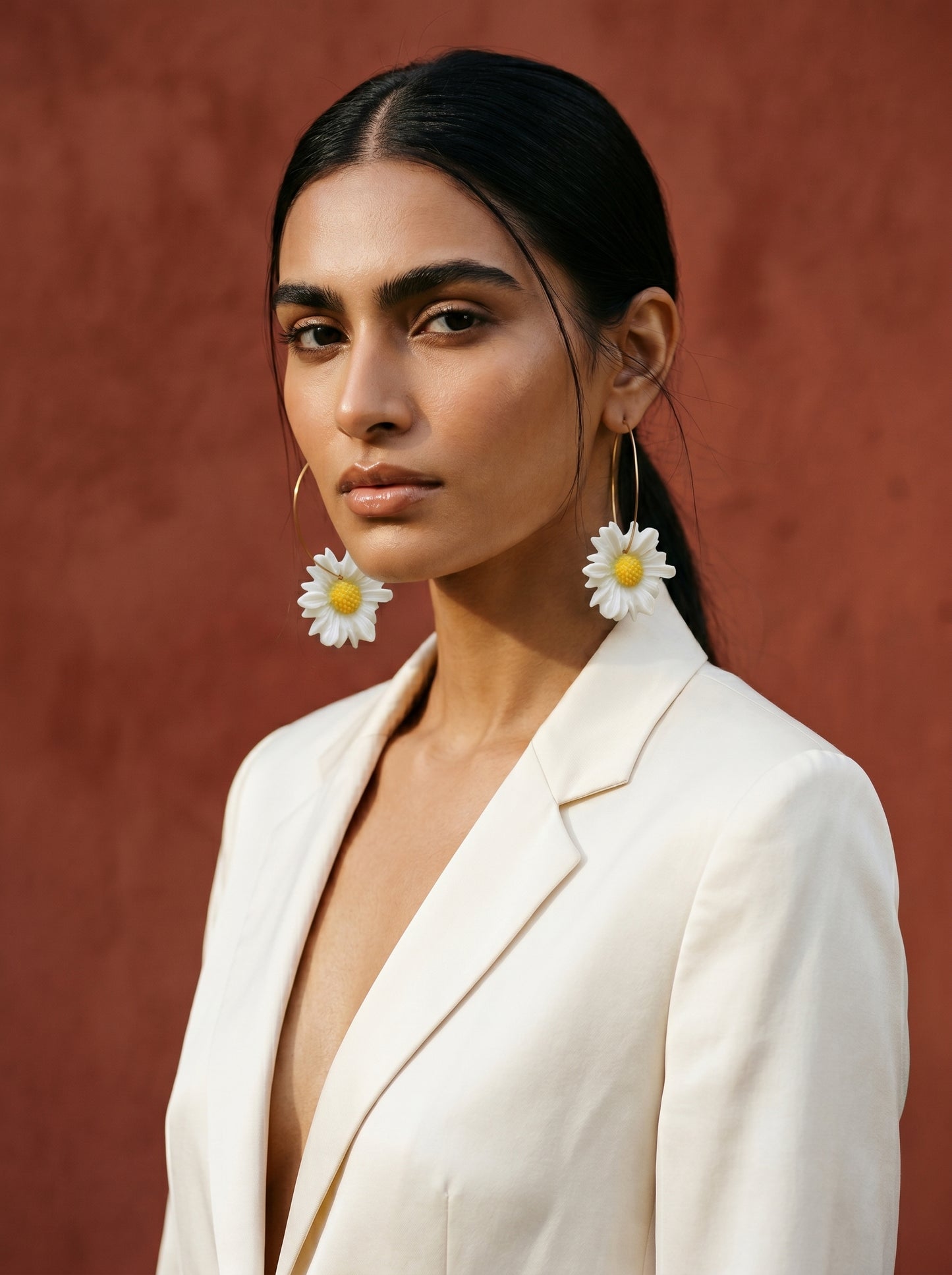 Daisy Hoop Statement Earrings — White Bloom on Gold Hoops