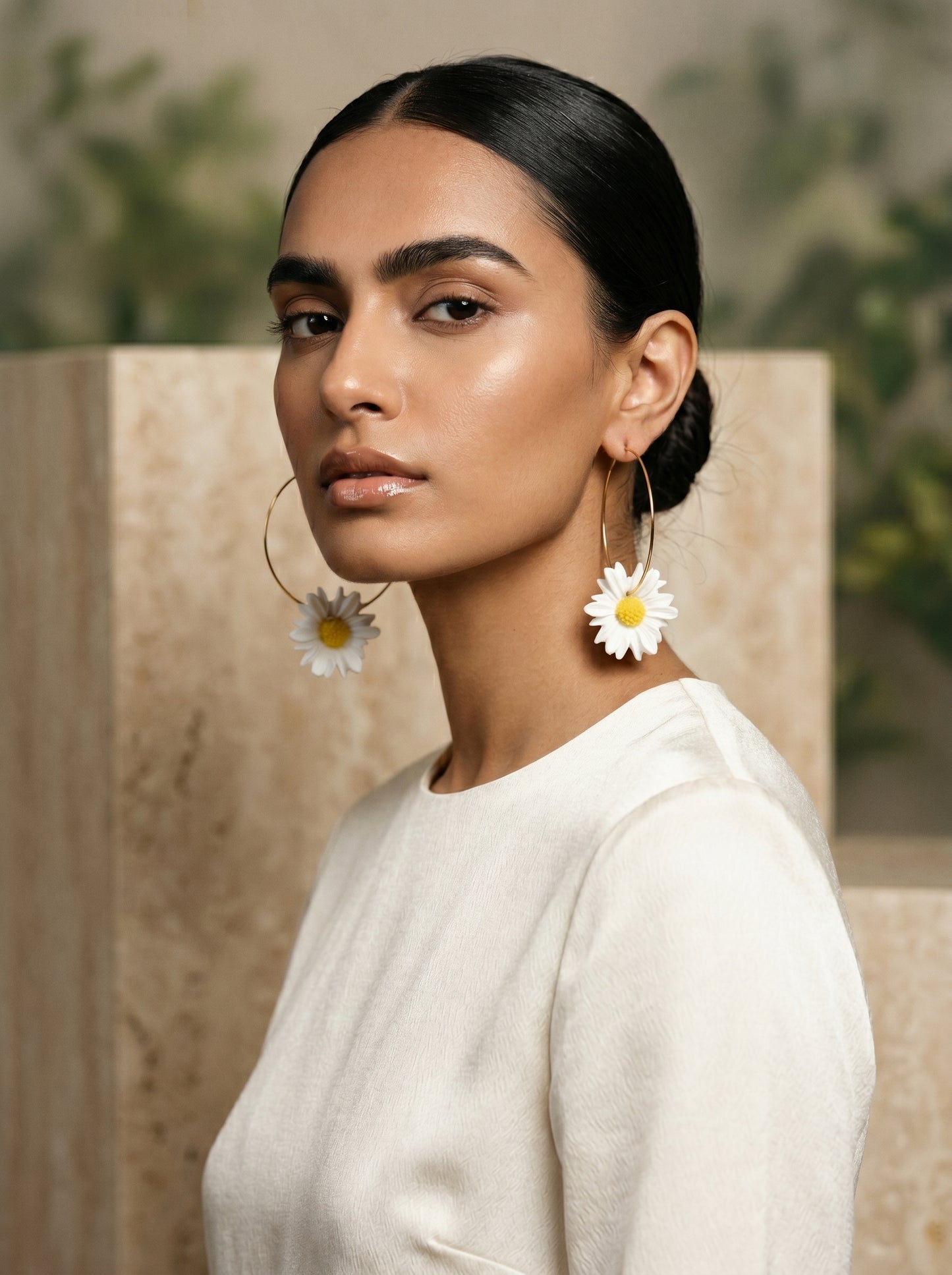 Daisy Hoop Statement Earrings — White Bloom on Gold Hoops
