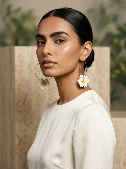 Daisy Hoop Statement Earrings — White Bloom on Gold Hoops